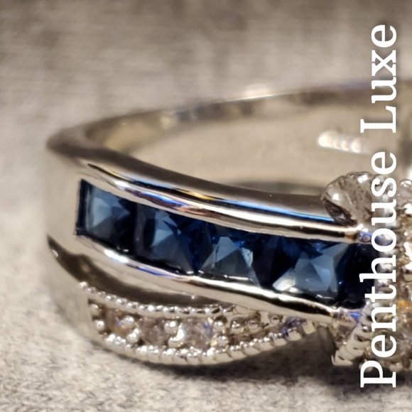 FINAL RESTOCK!! Blue Sapphire Criss Cross 10k White Gold Plated Bow Ring - Picture 5 of 6